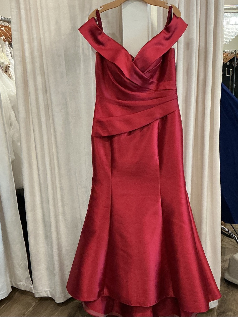 Christina Wu Crimson Satin Off-Shoulder Midi Gown